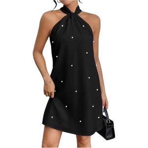 Floerns Women's Pearl Beaded Halter Twist Sleeveless Tie Back Dress A Line Dress Large