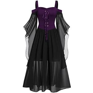 Women's Gothic Punk Dress Cold Shoulder Butterfly Sleeve Christmas Cosplay Party Dress Size L