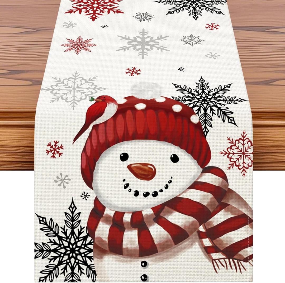 OTOSTAR Snowflakes and Red Snowman Christmas Table Runner, Xmas Seasonal Winter Holiday Kitchen Dining Table Decoration for Home Party Decor 13x48 Inch