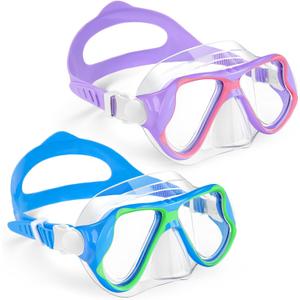 Freela 2 Pack Kids Swim Goggles Mask for Boys Girls 3-14, Tempered Glass Lens 180 HD View with Nose Cover for Pool Beach (Blue & Purple (2pcs ))