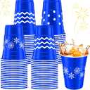 Jingmore 60 Pcs Winter Plastic Cups Bulk 16 oz Snowflake Disposable Winter Party Cups Stripes Polka Dots Drinks Cup for Christmas Holiday Birthday Baby Shower Party Supplies(Blue White,Snowflake)