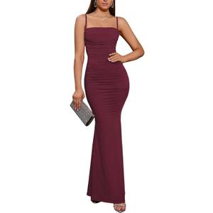 EYNMIN Women's Sleeveless Bodycon Corset Maxi Dress Spaghetti Strap Ruched Elegant Evening Wedding Guest Long Formal Dresses (Red)