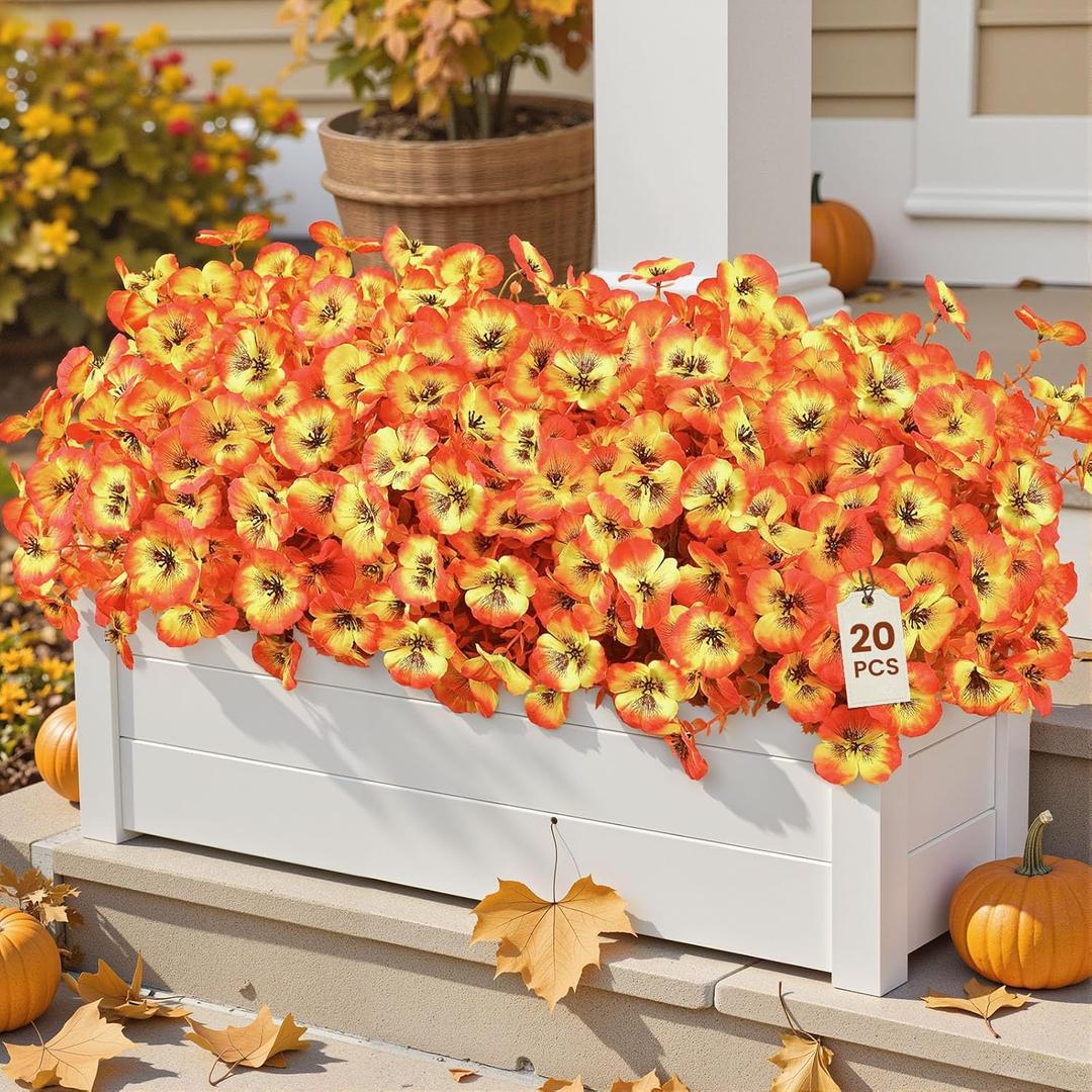 2 x Alupssuc 20 Bundles Artificial Fall Flowers for Outdoors Decoration, Faux Pansies Fake Mums Flowers Plants, UV Resistant No Fade Realistic Silk Pansy for Porch Planter Garden Patio Yard, Autumn Orange