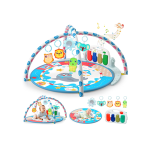 Baby Tummy Time Mat, Baby Gyms Playmats Activity Mat with 4 Toys and Mirror, Piano Keys with 40 Music, Multi-Functional Sensory Development Activity Gym for Infants and Toddlers 3 to 18 Month(Blue)