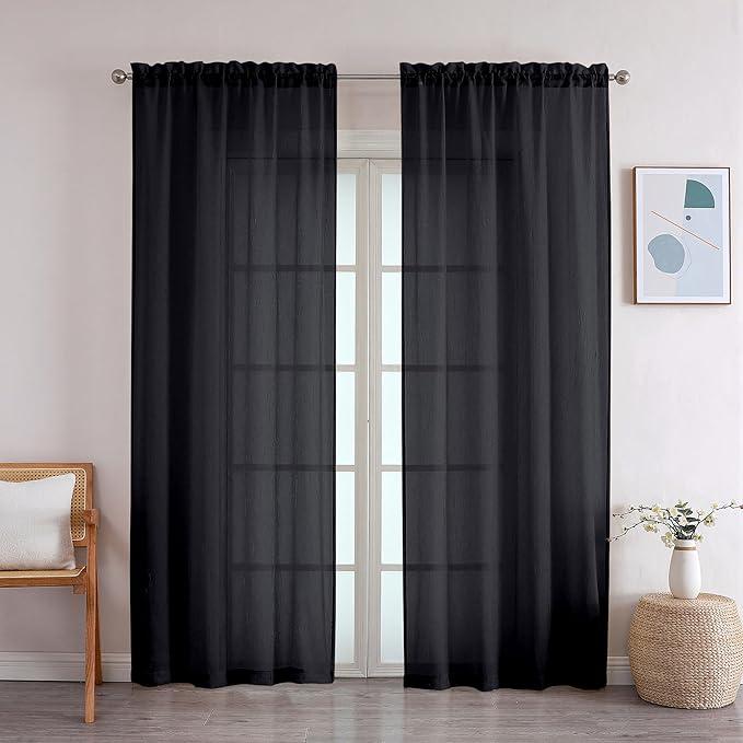 OWENIE Black Premium Sheer Curtains, 2 Panels Set, 42W x 72L, Rod Pocket, Polyester, Light Filtering, Living Room, Kitchen Room, Modern Style