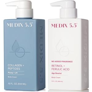 Medix 5.5 Fragrance Free Firming Retinol Body Lotion + Collagen Peptides Cream 2pc Skin Care Set, Crepey Skin Treatment, Anti Aging Body Cream & Face Moisturizer For Crepe Skin, Cellulite, Wrinkles (15 Fl Oz (Pack of 2))