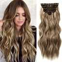 NAYOO Clip in Hair Extensions for Women 20 Inch Long Wavy Curly Medium Brown Ash Blonde Hairpieces Full Head Synthetic Hair Hairpieces (6PCS, Medium Brown Ash Blonde)