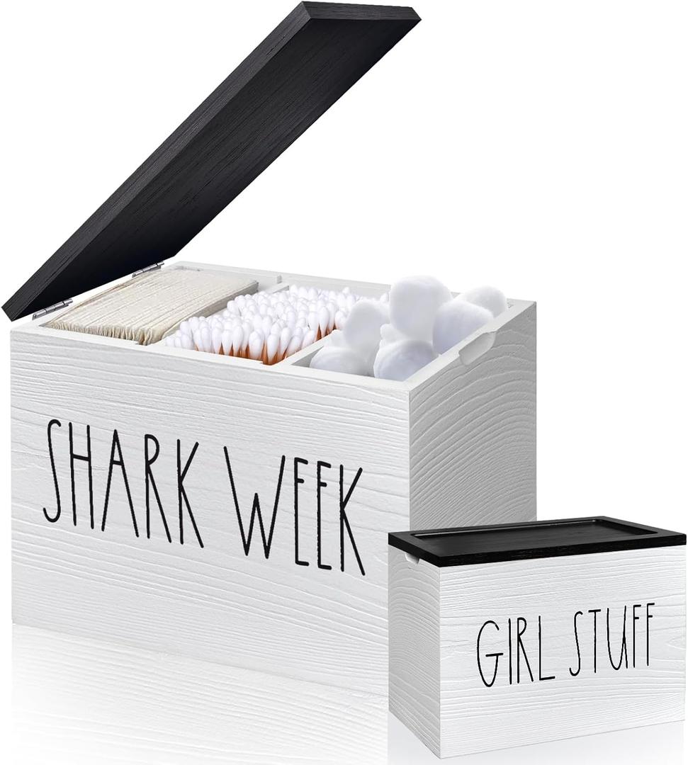 Tampon Holder for Bathroom, Pad And Tampon Organizer with Tray Lid, Wood Feminine Product Organizer Shark Week Tampon Storage, Bathroom Accessories Small Storage Box - White