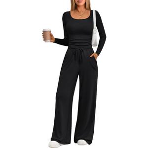 Trendy Queen 2 Piece Scoop Neck Lounge Set Womens Wide Leg Pants Side Ruching Slightly Crop Top Sweatsuit Sets With Pockets (Medium, Black)