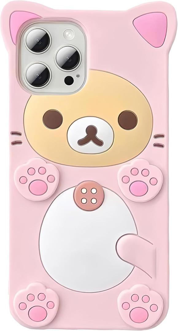 3D Cute Cartoon Bear Phone Case for iPhone 15 Pro - Fashionable and Stylish - Funny Pink Bear Design - Soft TPU Protective Case - Kawaii Silicone Cover for Women, Girls, and Kids