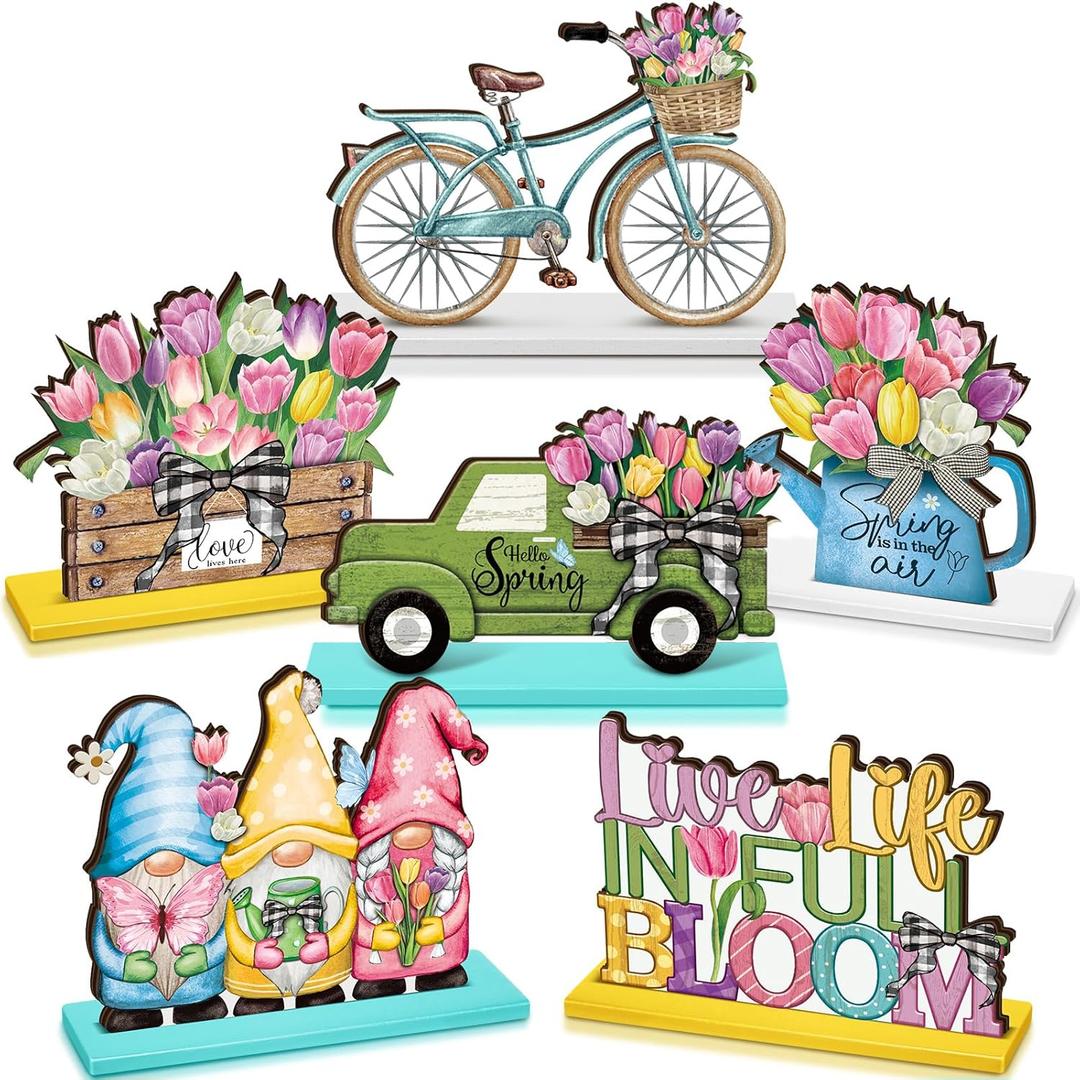 DoubleFill 6 Pcs Spring Decorations Wooden Spring Table Centerpieces Sign Easter Tulips Table Decor Tulip Gnome Truck Flowers Wood Signs for Tabletop Home Shelf Party Tiered Tray Decor
