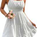 Floerns Women's Swiss Dots Sleeveless Ruched Bust Ruffle Hem Cami Short Dress (Large, White)