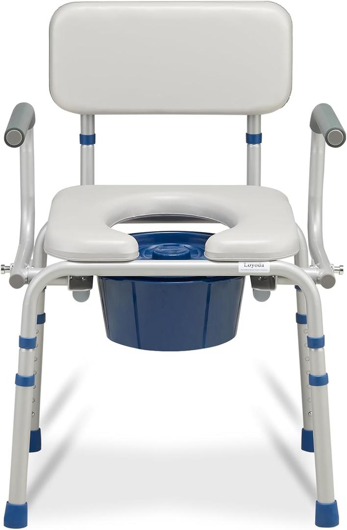 FSA/HSA Eligible Upgrade Drop Arm Bedside Commode, Commode with Padded Seat and Backrest, 500lbs Capacity, 6.3QT Removable Bucket, Adjustable Height Portable Toilet for Adults, Grey