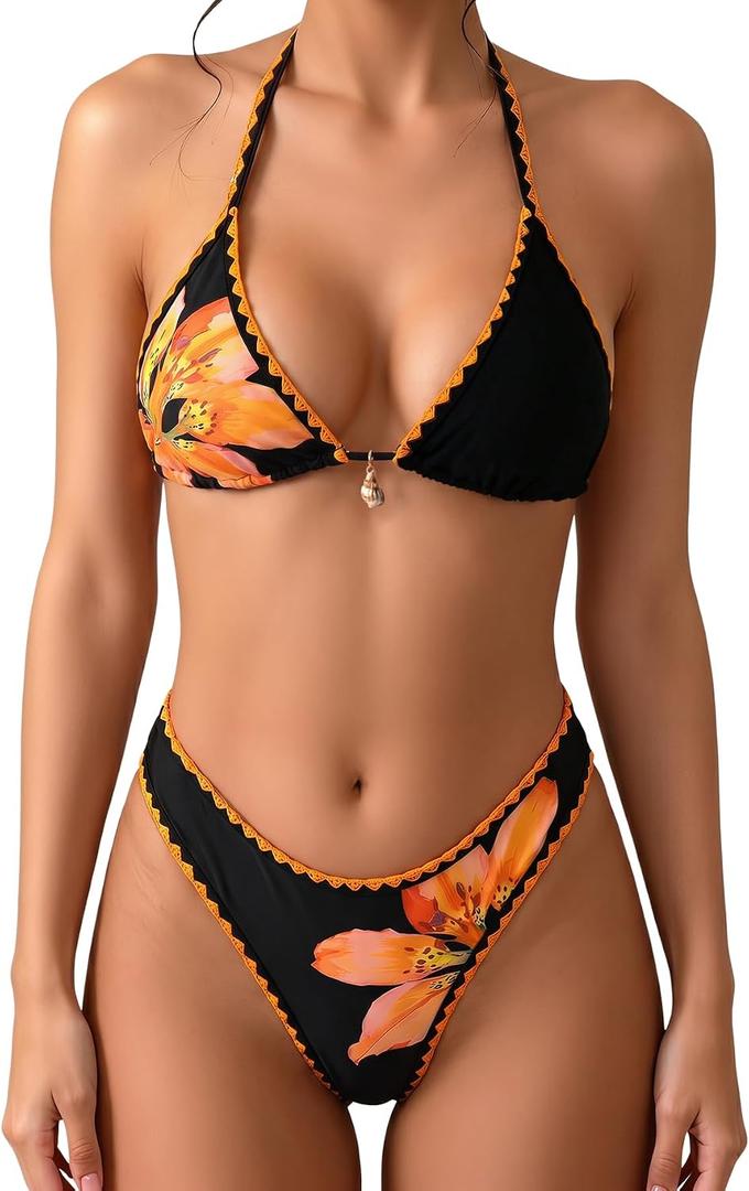 MakeMeChic Women's Polka Dots Triangle Thong Bikini Sets Floral Cute Bathing Suit Swimsuits, Large