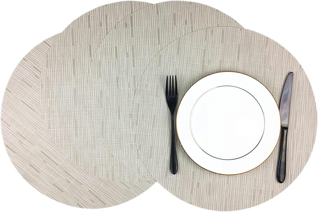 WAZAIGUR Round Placemats Set of 4 Woven Vinyl Easy to Clean Heat Resistant Kitchen Table Mats 15 Inch(Cream 4)
