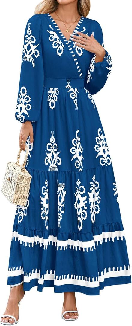 PRETTYGARDEN Women's 2026 Fall Wedding Guest Dresses Boho Floral Long Sleeve V Neck Flowy Elegant Maxi Dress Beach Clothes (Floral Lake Blue White, X-Large)