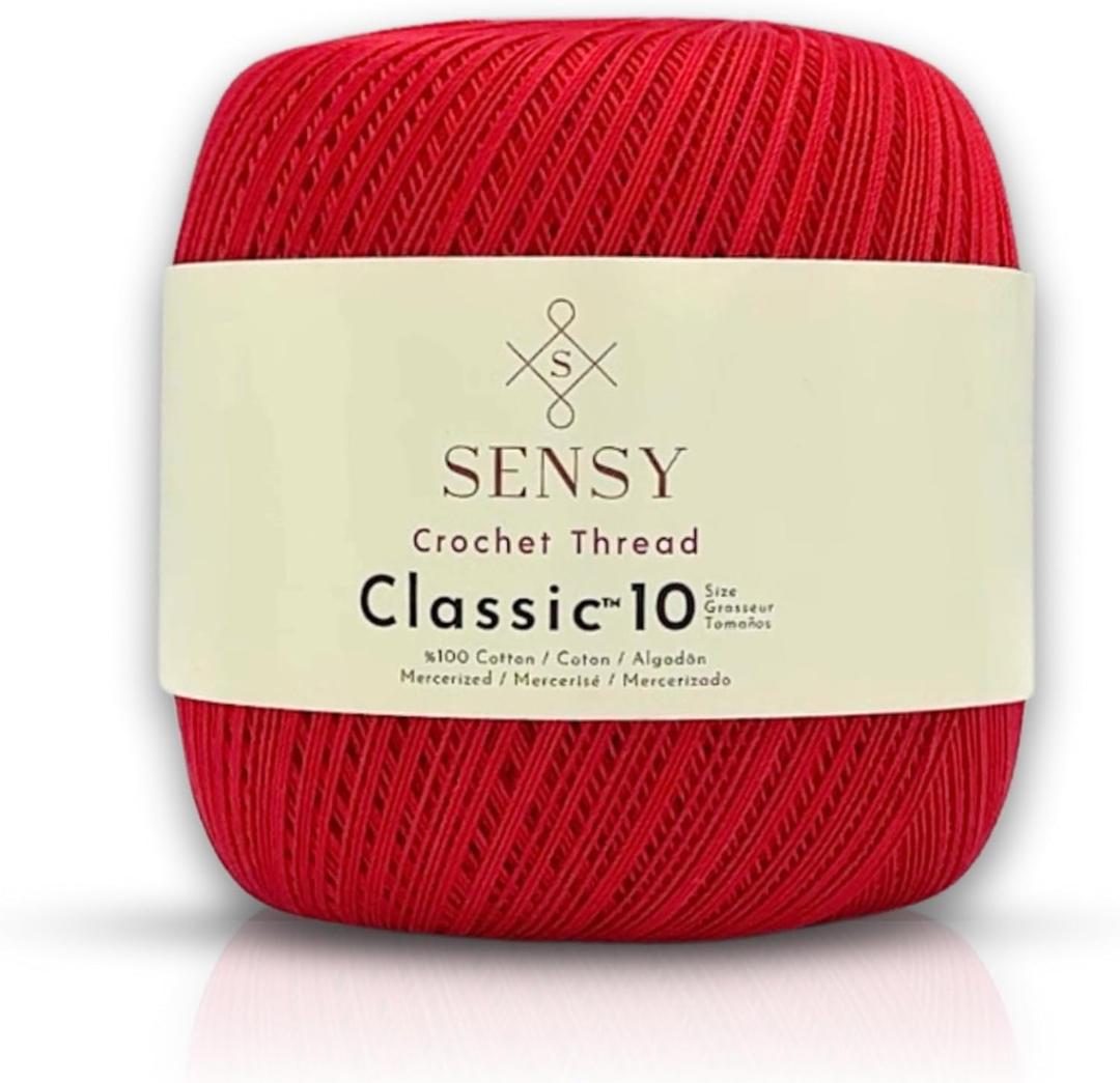 Sensy Crochet Thread Classic Size 10, 100% Mercerized Giza Cotton, 617 Yards, Gauge 0 Lace (Red)