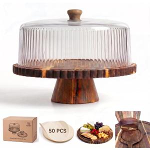 14.5" Extra Large Acacia Wood Cake Stand with Lid 0.8" Thick Scalloped Wooden Cake Stand with Lid & Magnetic Base Clear Acrylic Cake Stand with Dome Elegant Cupcake Stand for Parties & Family