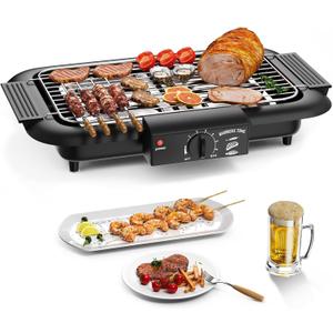Electric BBQ Grill, Smokeless Non-Stick Indoor/Outdoor Barbecue Grill, 2000W Double tube High Power Portable Removable Stand Grill for BBQ Party (Elegant Black)