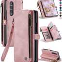 Defencase Wallet Case Compatible with Samsung Galaxy Z Fold 3 with RFID Blocking Card Holder & S Pen Holder PU Leather Magnetic Snap Flip Zipper Strap Phone Case Fit for Galaxy Z Fold 3, Rose Pink