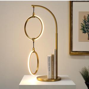 Brightech Nova Modern Table Lamp - Contemporary Arc Desk Lamp with 2-Circle Ring-Style Pendant - Alexa Compatible Nightstand Beside The Couch Lamp with Arching Pole Matches Living Room Dcor - Brass (Warm White Light with Brass Frame)