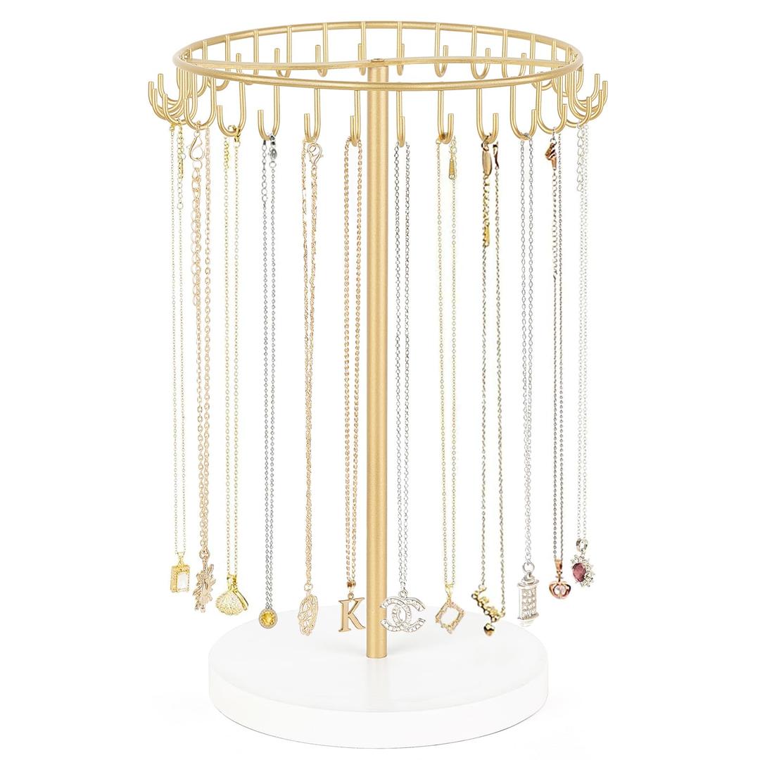 Mkono Necklace Holder Metal Jewelry Display Stand Necklace Organizer with 30 Hooks for Storage and Hanging Bracelet Keychain Home Room Decor for Women,Gold