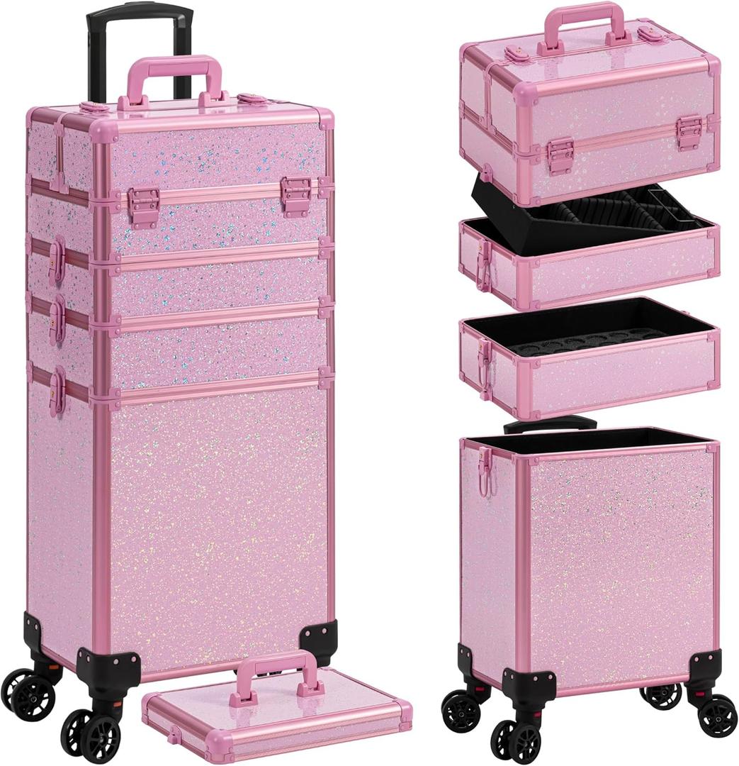 AROUS Rolling Makeup Train Case Large Storage Cosmetic Trolley 5 in 1 Large Capacity Trolley Makeup Travel Case with Key Swivel Wheels Salon Barber Case Traveling Cart Trunk, Pink