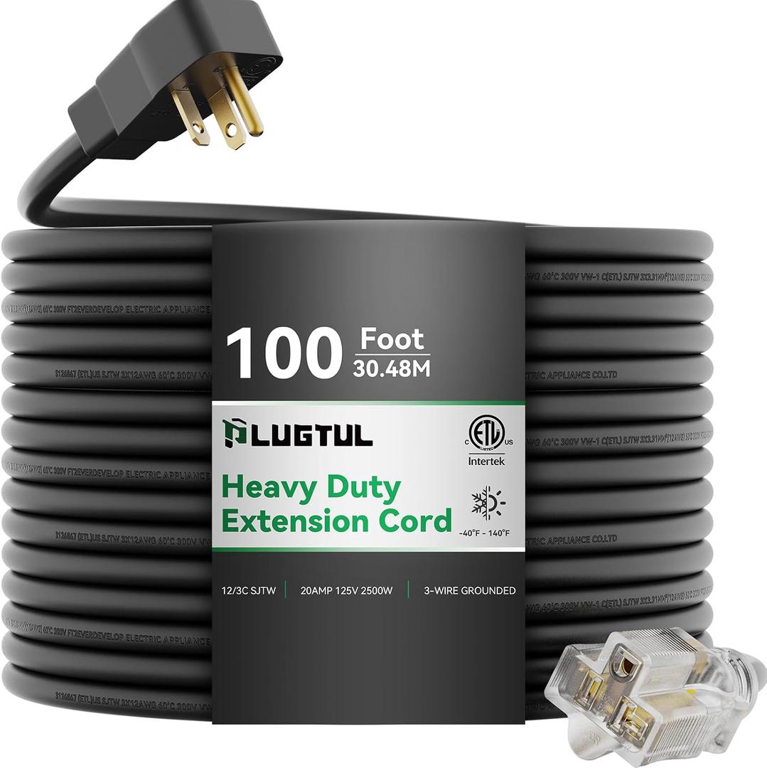 PLUGTUL 20AMP Extension Cord 100FT, NEMA 5-20 Heavy Duty Extension Cord, Lighted End, 12Gauge, SJTW, 20AMP 125V 2500W, Black