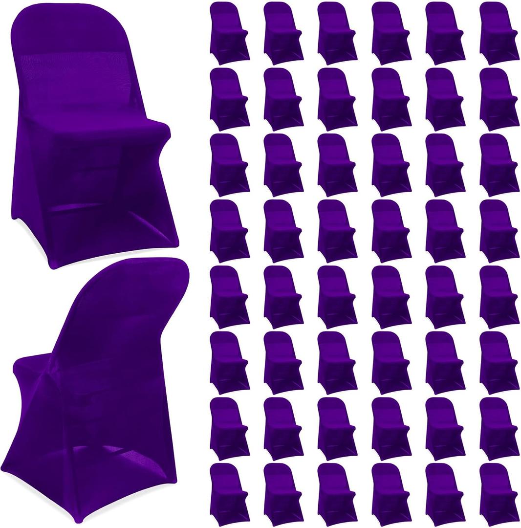 Newwiee 50 Pcs Spandex Chair Covers Bulk - Stretch Folding Flat Front Fitted Universal Chair Protector Pack Removable Washable for Wedding Party Dining Banquet Event (Purple)