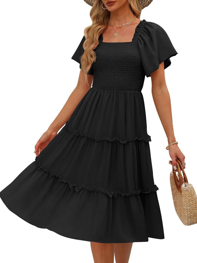 LILLUSORY Women's Summer Casual Flutter Sleeve Square Neck Smocked Midi Dress (Black, Small)