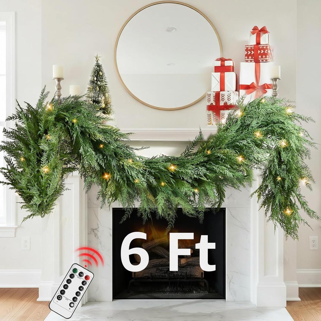 Christmas Cedar Garland Realistic - Cypress Decorations with Lights 6ft for Mantle Lighted Faux Pine Garlands for Xmas Home Decoration Indoor Stairs Railing Fireplace Outdoor 6 ft Prelit Door Decor