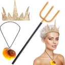 Nosiny 3 Pcs Halloween Costumes Accessories Set for Women Glitter Golden Crown and Sea Witch Trident Prop and Mermaid Light up Pendant Necklace