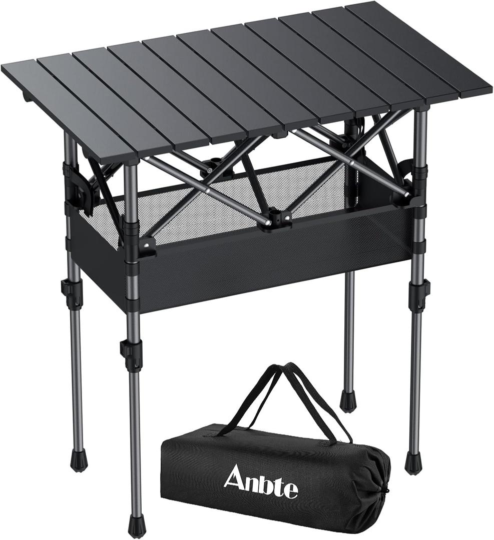 Anbte 2ft Small Roll Up Camping Table, 2 Adjustable Height Aluminum Portable Camping Table with Storage Net & Bag, Lightweight Waterproof Folding Table for Indoor Outdoor BBQ Picnic, 25 X 16, Black