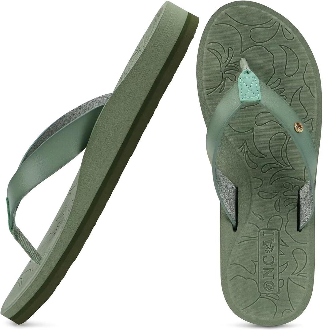 ONCAI Women's Flip Flops Comfortable Arch Support Yoga Mat Summer Beach Walking Thong Cushion Sandals Ladies Outdoor Vacation Essentials Slide Shoes Rubber Soles US (Green, 9.5)