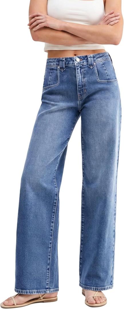 EMMIOL Womens Jeans Straight Leg,Mid-High Rise Baggy Denim Pants,Boyfriend Wide Leg,Loose Fit with Pocket,Runs Small; Size Up (Blue, L)