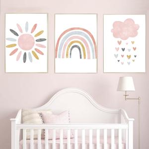 Nursery Wall Prints Pink Sunshine Rainbow Cloud Canvas Wall Art, Child Wall Art Poster Boho Nordic Wall Pictures for Girls Baby Kids Room Decor, Set Of 3 Cute Cartoon Prints Girls Room Wall Decor (16.00" x 24.00")