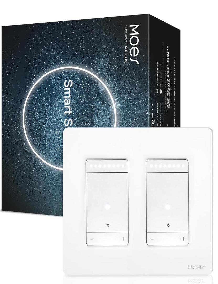 MOES 3 Way Smart Star Ring Dimmer Switch, 2.4GHz WiFi Dimmable Light Switch,Neutral Wire Required, Smart Life APP Remote Control, Works with Alexa & Google Assistant, Timer & Schedule White 2 Gang