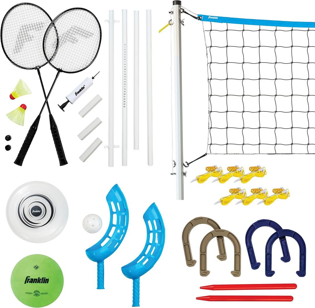 Franklin Sports Fun 5 Combo Outdoor Game Set - Backyard, Beach + Camping Games for Kids - Badminton, Volleyball, Flip Toss, Flying Disc - Horseshoes or Ring Toss,Blue Combo Set