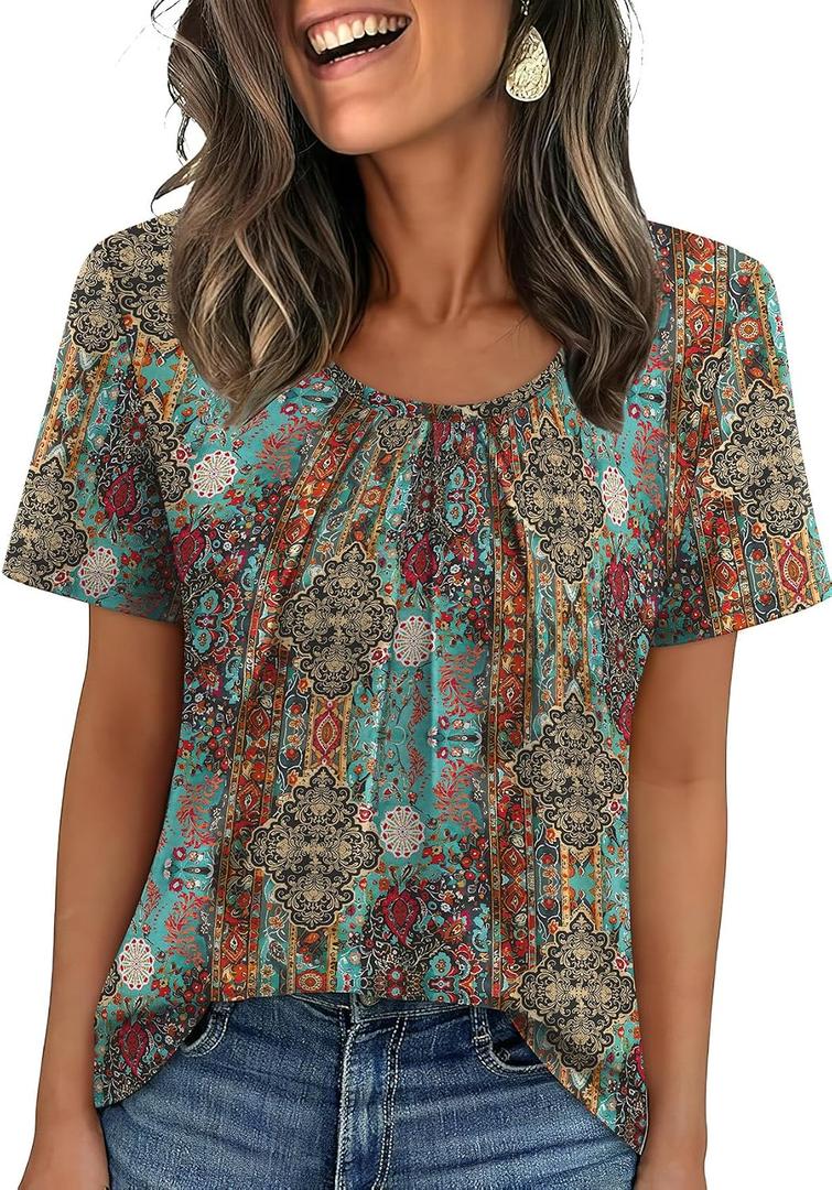 WIHOLL Women T Shirts Pleated Short Sleeve Tops Business Casual Dressy Blouses, XL