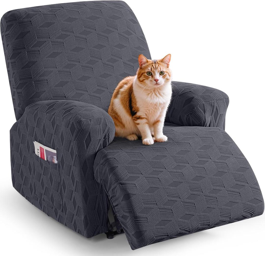 TAOCOCO Recliner Cover 3 Pieces Recliner Chair Covers, Stretch Jacquard Reclining Chair Cover, Furniture Protector Sofa Slipcovers Couch Covers with Elastic Bottom for Kids, Pets (Dark Grey) (1 Seater)