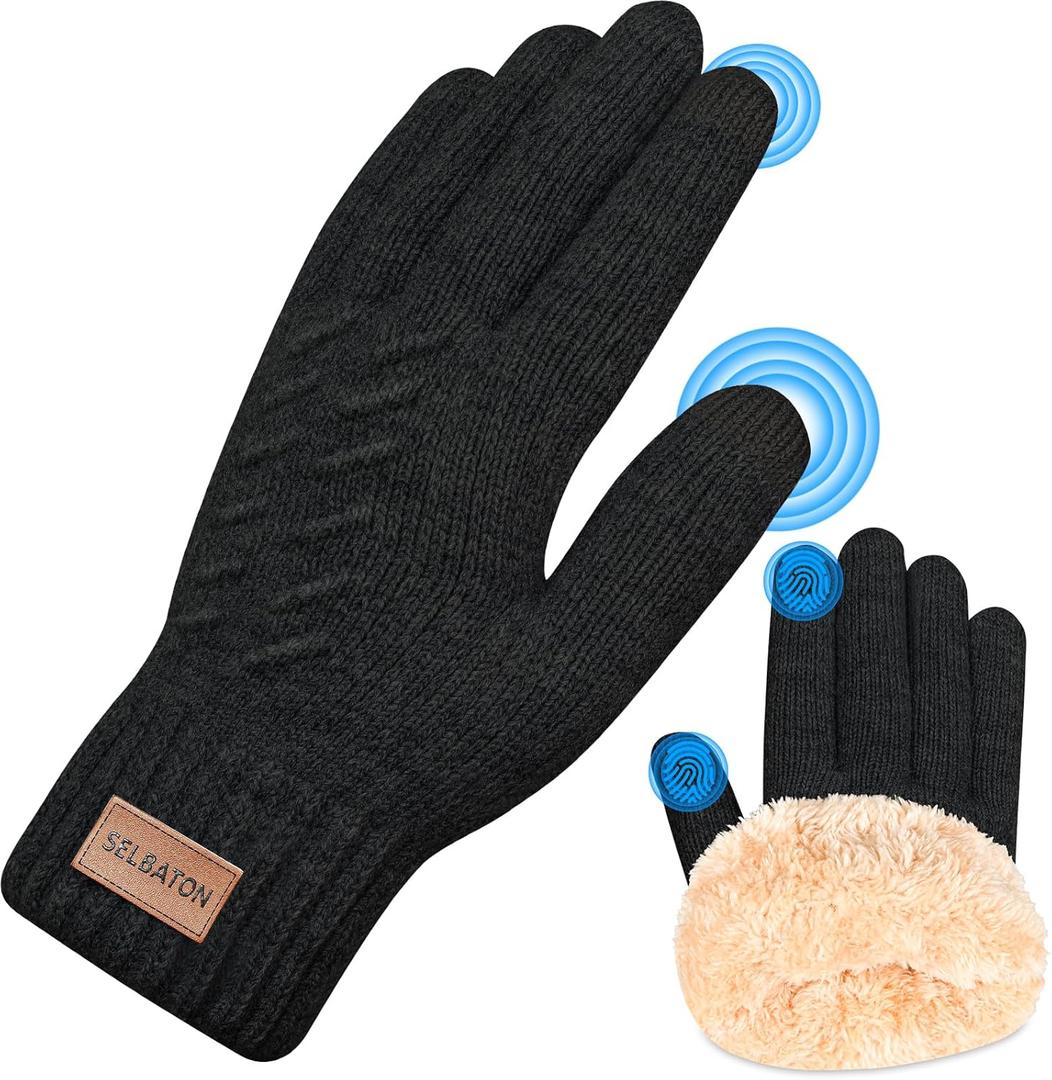 Winter Gloves for Women Men With Fleece Lining Knit Stretchy Touch Screen Thermal Warm Gloves for Cold Weather (Large, Black)