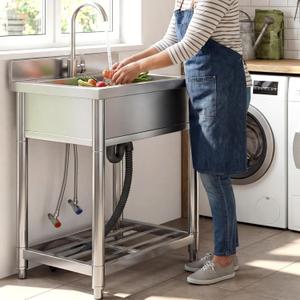 Stainless Steel Utility Sink, Free Standing Single Bowl Kitchen Sink with Cold and Hot Water Faucet, Commercial Sink for Restaurant Bar Cafe Hotel and Garage, Indoor and Outdoor Sink, 21.7 in