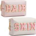 HBselect Preppy Makeup Bag 2 Pcs Travel Toiletry Bag Chenille Letter Patch Makeup Bag Portable Cosmetic Bag for Women PU Leather Waterproof Organizer Make up Bag for Women Girls (Hair Skin) (Shell Gold, Golden Pink)
