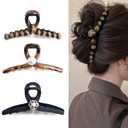 Elegant Pearl Hair Claw Clips for Women Thick Hair, Set of 3, Brown & Black (Large 5 Inch)