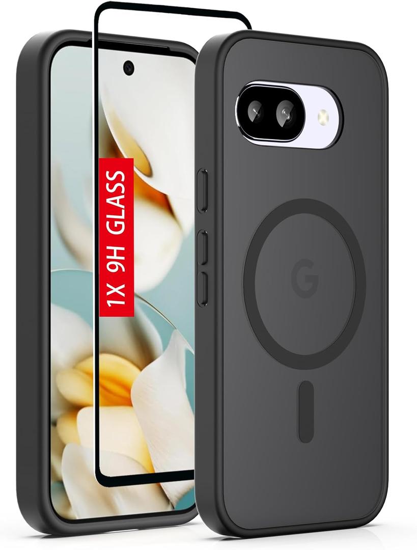 for Google Pixel-9a Case: Translucent Matte Magnetic Phone Cover, Military-Grade Shockproof with Screen Protector, for MagSafe, Anti-Fingerprint & Reinforced Bumpers - Onyx Black