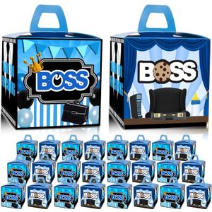 HAPPARTY BOSS Party Favor Gift Boxes 24 PCS,Blue BOSS Boy Goodie Candy Treat Boxe For 1st 2nd Birthday Decorations Supplies