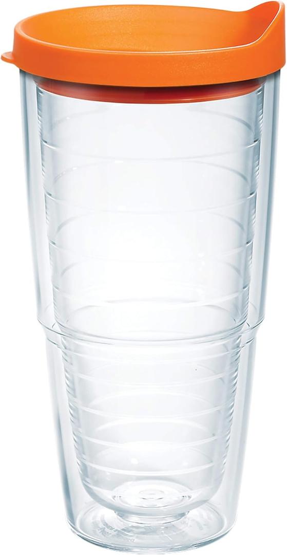 Tervis Clear & Colorful Lidded Made in USA Double Walled Insulated Tumbler Travel Cup Keeps Drinks Cold & Hot, 24oz, Orange Lid