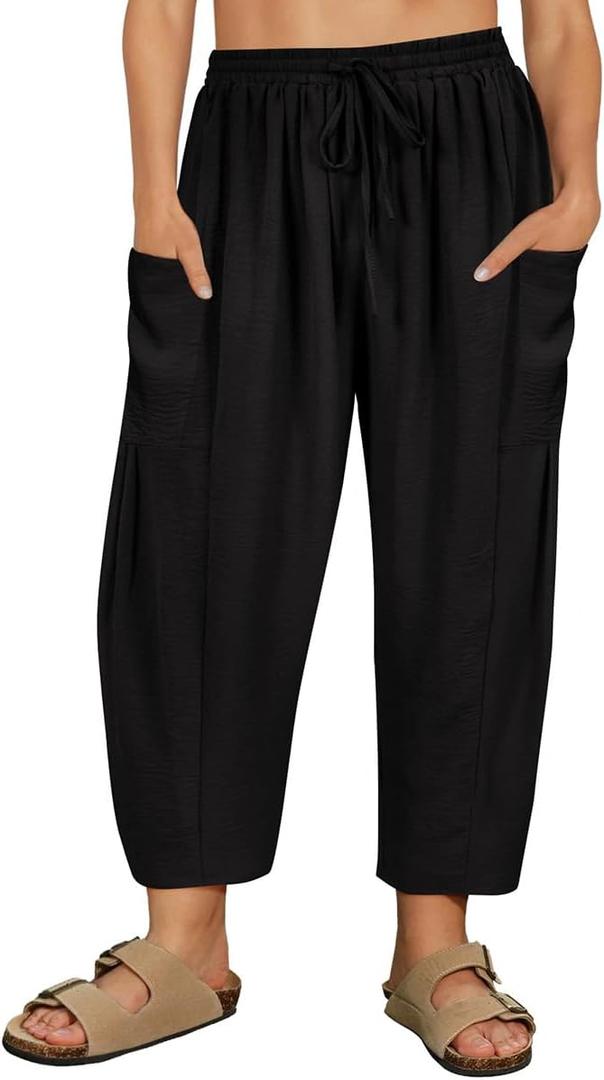 CARCOS Plus Size Pants Womens Summer Palazzo Harem Pants Drawstring Lantern Beach Pant Ankle Vacation Pant with Pocket, Size XL (Black)