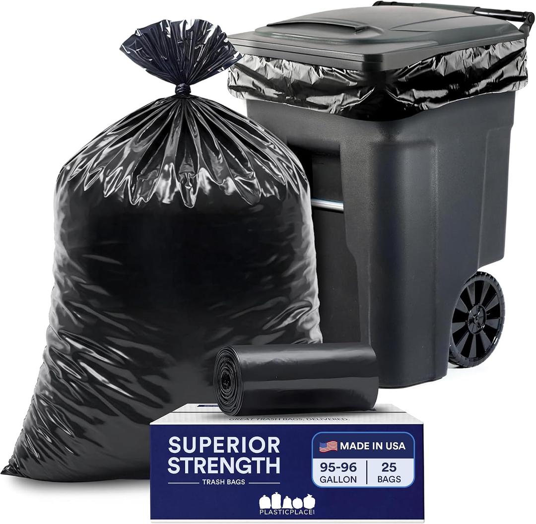 Plasticplace 95-96 Gallon Garbage Can Liners Heavy Duty 1.5 Mil Black Trash Bags Tear-Resistant Outdoor Garbage Bags for Rollaway Bins Large 61" x 68" Industrial-Strength Waste Bags (25 Count)