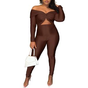 LAJIOJIO Fall Off Shoulder Jumpsuit for Women 2024 Sexy Cut Out One Piece Bodycon Long Romper Party Club Night Outfits
 S